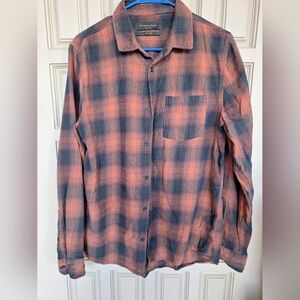 Cotton On Garments Flannel SzM Men's Shirt Orange/Blue Plaid V Neck Collar/Cuf